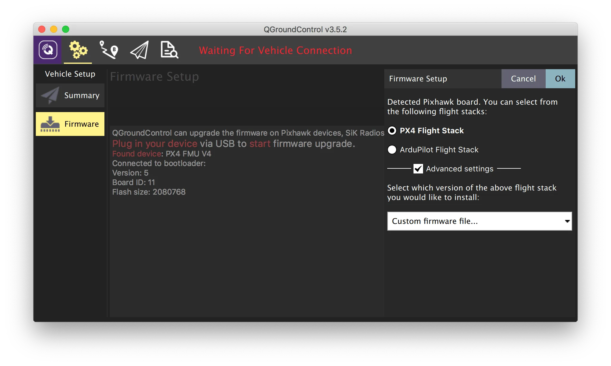 QGroundControl firmware upload