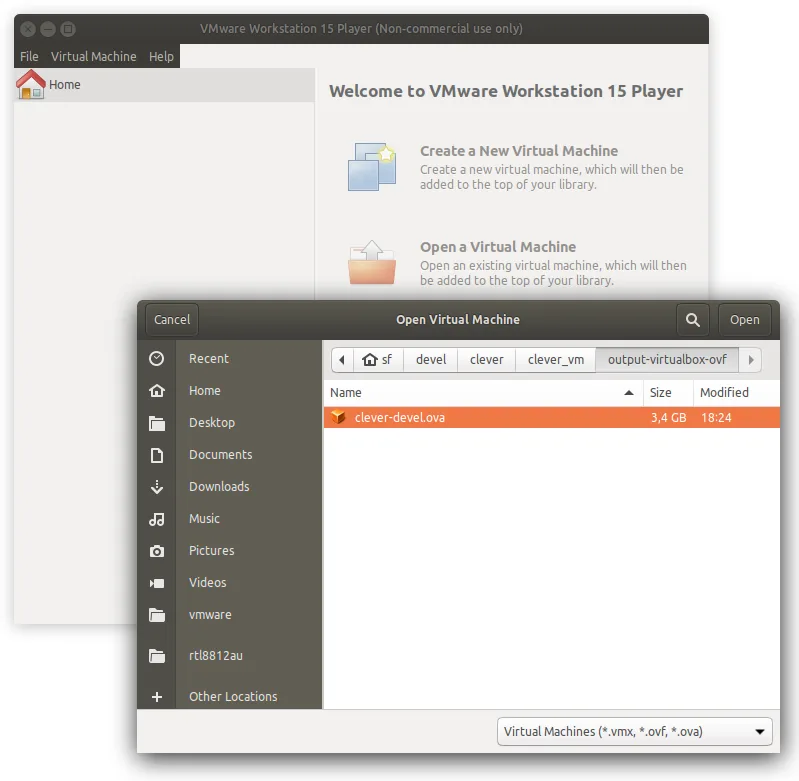 Open dialog with clever-devel.ova selected